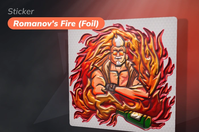 Sticker | Romanov’s Fire (Foil), an Exotic item released August 16, 2022 from the 10 Year Birthday Sticker Capsule, featuring Agent Romanov surrounded by flames in red, orange, and yellow tones with a metallic foil finish, starting at $0.75, one of the standout cheap options among cs2 red stickers.
