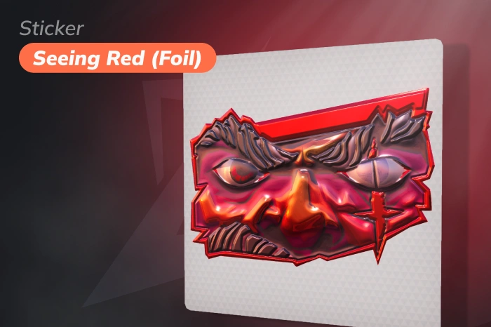 Sticker | Seeing Red (Foil), an Exotic item released September 21, 2021 from the Operation Riptide Sticker Collection, featuring a stylized Terrorist face with one red eye, metallic foil finish, borderless design, starting at $7.49, popular among red stickers CS2 for dark skin crafts.