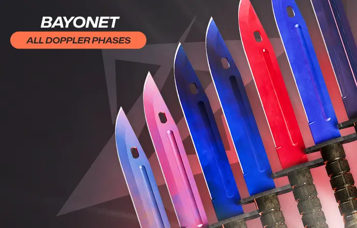 Bayonet knife collection displaying all Doppler phases CS2, including Phase 1, Phase 2, Phase 3, Phase 4, Ruby, Sapphire, and Black Pearl variants, with blades featuring blue, pink, red, and dark finishes aligned side by side.