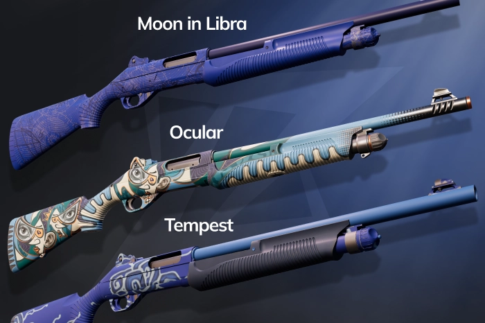 Blue Nova Skins CS2 collection featuring icy, nautical, and minimalist blue-themed designs that pair well with blue gloves and cold-pattern knives, including Nova | Tempest (Mil-Spec Grade, $5.49–$33.84, The Bravo Collection, released September 19, 2013) with a stormy sky design and full 0.00–1.00 float range, Nova | Ocular (Restricted, $0.56–$7.61, The Genesis Collection, released September 16, 2025) with an artistic eye-inspired design and “Eyes of the beholder” quote, and Nova | Moon in Libra (Consumer Grade, $4.44–$6.72, The Gods and Monsters Collection, released May 26, 2015) featuring a deep blue star map with constellations for a cosmic aesthetic.