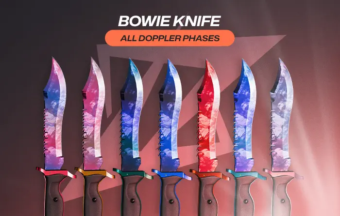 Bowie Knife collection displaying all Doppler phases CS2, including Phase 1, Phase 2, Phase 3, Phase 4, Ruby, Sapphire, and Black Pearl variants, with curved blades featuring pink, blue, red, and dark finishes arranged diagonally.