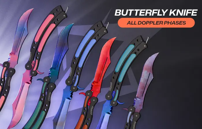 Butterfly knife collection showcasing all Doppler phases CS2, including Phase 1, Phase 2, Phase 3, Phase 4, Ruby, Sapphire, and Black Pearl finishes, with blades featuring pink, blue, red, and dark color variations in a fan-style arrangement.