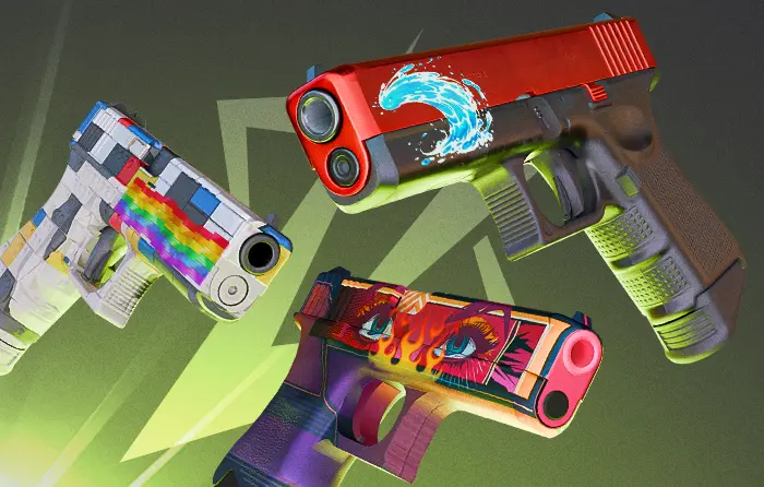 Color themed Glock crafts in CS2 featuring Glock-18 Vogue Candy Apple and Block-18 with stickers like Rainbow Route High Heat and Hydro Wave, creating cs2 best cheap glock skins for cohesive themed loadouts