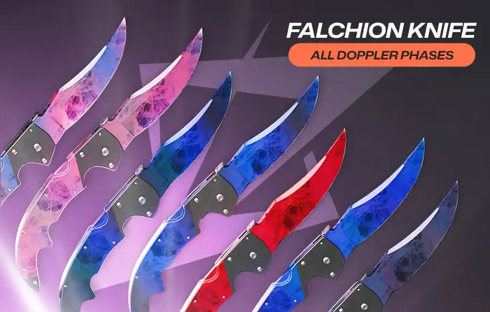 Falchion knife collection displaying all Doppler phases CS2, including Phase 1, Phase 2, Phase 3, Phase 4, Ruby, Sapphire, and Black Pearl variants, with curved blades featuring pink, blue, red, and dark finishes arranged diagonally.