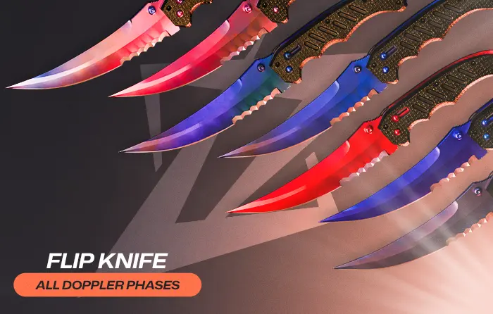 Flip knife collection showcasing all Doppler phases CS2, including Phase 1, Phase 2, Phase 3, Phase 4, Ruby, Sapphire, and Black Pearl finishes, with blades featuring red, blue, pink, and dark color variations displayed diagonally.