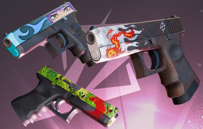 5x sticker Glock crafts in CS2 featuring Glock-18 Oxide Blaze Bunsen Burner and Nuclear Garden with full sticker combos like Ruby Wave Loving Eyes and Winding Scorch, one of the best cheap Glock crafts turning cheap Glock skins into premium designs