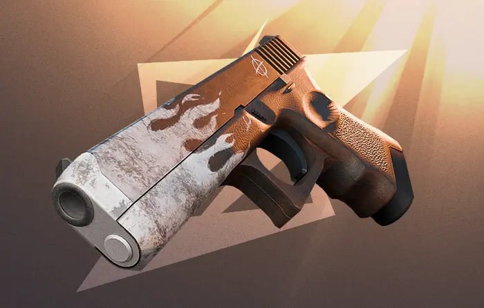 Glock-18 Oxide Blaze CS2 skin Mil-Spec Grade from The Danger Zone Collection released December 6 2018, rust and white ash flame design inspired by Desert Eagle Blaze, priced $0.15 to $2.30, one of the cs2 best cheap glock skins