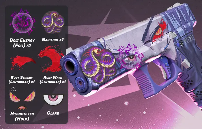 Glock Shinobu craft in CS2 with anime style sticker combos like Hypnoteyes Ruby Stream Ruby Wave Bolt Energy Glare and Basilisk, one of the best cheap Glock crafts featured in cs2 best cheap glock skins lists