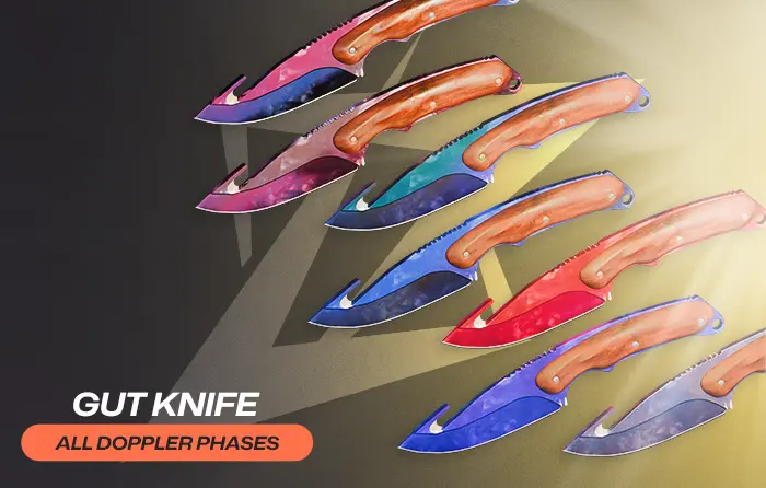 Gut Knife collection displaying all Doppler phases CS2, including Phase 1, Phase 2, Phase 3, Phase 4, Ruby, Sapphire, and Black Pearl variants, with curved blades featuring pink, blue, red, and dark finishes arranged diagonally.