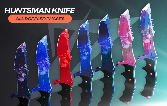 Huntsman knife collection showcasing all Doppler phases CS2, including Phase 1, Phase 2, Phase 3, Phase 4, Ruby, Sapphire, and Black Pearl finishes, with blades featuring blue, red, pink, and dark color variations arranged in a row.