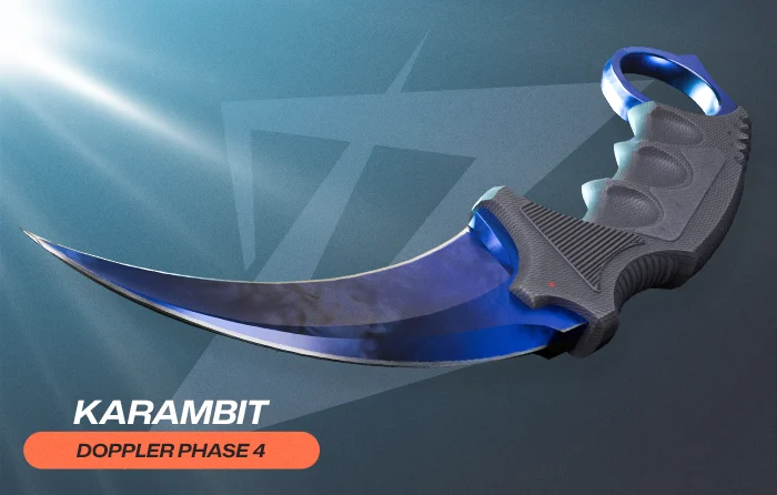 Doppler phases CS2 Phase 4 knife skin with a bright blue blade and deep black accents, featuring a clean blue finish without green tones, including max blue patterns highly valued on Karambit Doppler phases for their bold and recognizable look.