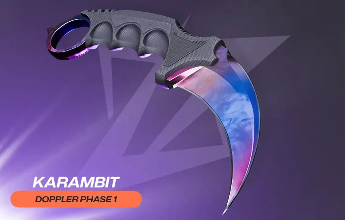 CS2 Doppler phases Phase 1 knife skin with dark black blade, subtle blue and purple accents on edges and tip, showcasing the darkest Doppler phase design commonly found on Karambit and Butterfly Knife with a subdued, aggressive aesthetic.