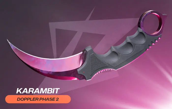 Doppler phases CS2 Phase 2 knife skin featuring a bright pink or red blade with strong black accents, high-contrast finish, and max pink pattern covering most of the play side, popular on Karambit and Butterfly Knife with premium collector value.