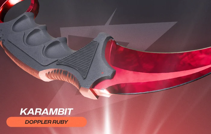 Special Doppler phases CS2 Ruby knife skin with a deep, rich red blade fully covered in a pure ruby finish without black accents, highly desirable on Karambit and Butterfly Knife as one of the most valuable and visually striking Doppler variants.