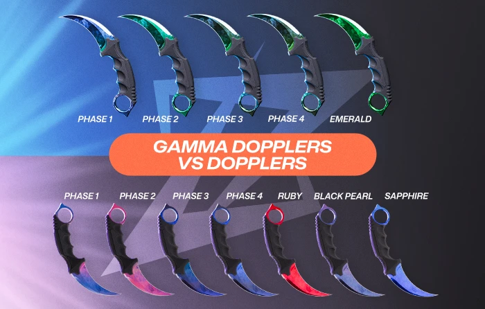 Comparison of Doppler phases CS2 and Gamma Doppler knife skins showing differences in color palettes, with regular Doppler featuring black, blue, pink, and purple tones, while Gamma Doppler highlights green and yellow shades, including phase variations and special patterns like Ruby, Sapphire, Black Pearl, and Emerald.