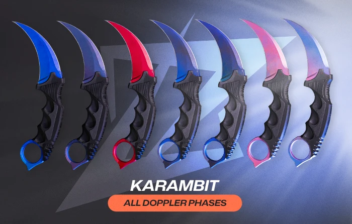 Karambit knife collection displaying all Doppler phases CS2, including Phase 1, Phase 2, Phase 3, Phase 4, Ruby, Sapphire, and Black Pearl variants, with blades showing blue, red, pink, and dark finishes arranged side by side.