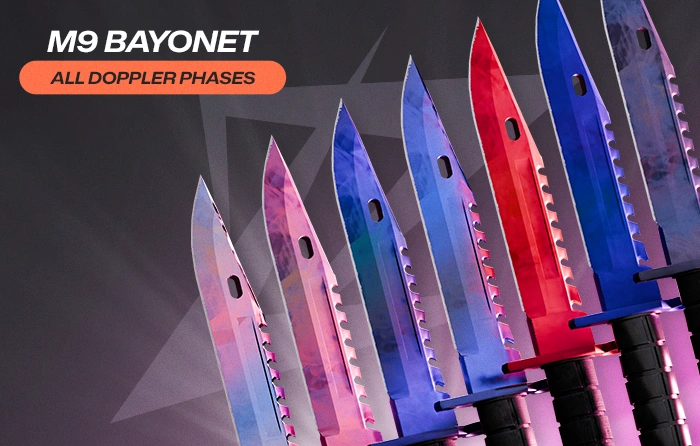 M9 Bayonet knife collection showcasing all Doppler phases CS2, including Phase 1, Phase 2, Phase 3, Phase 4, Ruby, Sapphire, and Black Pearl finishes, with blades featuring pink, blue, red, and dark color variations arranged in a row.