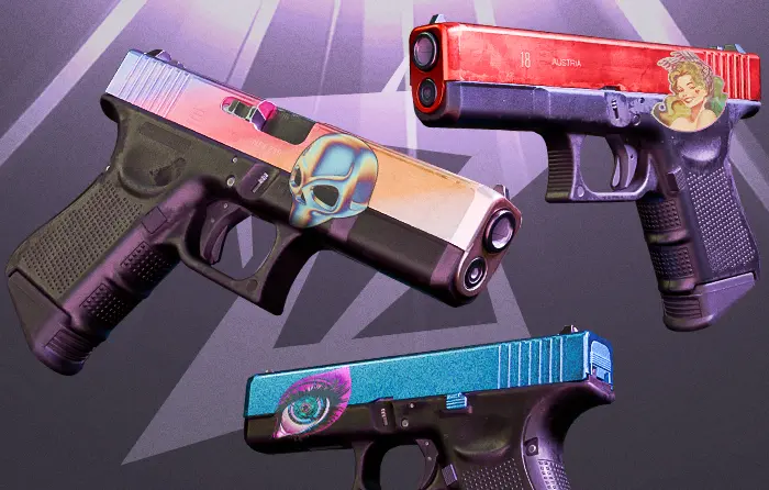 Minimalist one sticker Glock crafts in CS2 featuring Glock-18 Candy Apple Twilight Galaxy and Fade with holo stickers like Chrome Dome Ivette and Dystopian Gaze, clean premium designs among cs2 cheap glock skins and best glock skins styles