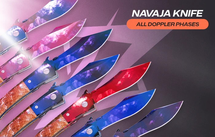 Navaja Knife collection displaying all Doppler phases CS2, including Phase 1, Phase 2, Phase 3, Phase 4, Ruby, Sapphire, and Black Pearl variants, with curved blades featuring pink, blue, red, and dark finishes arranged diagonally.
