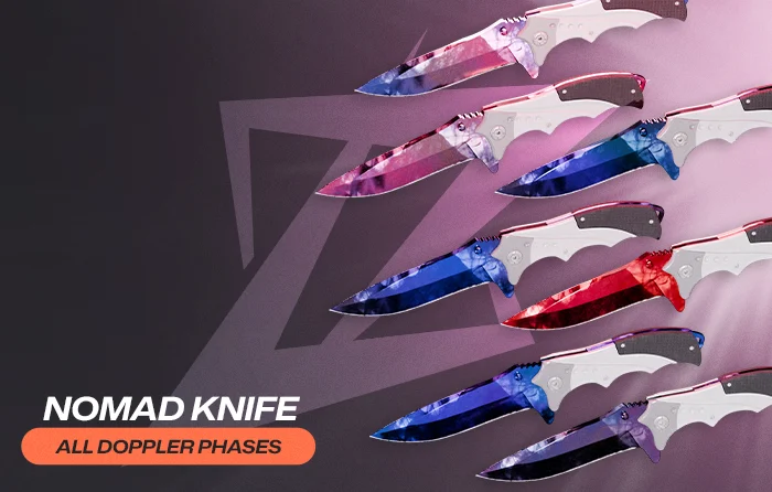 Nomad Knife collection displaying all Doppler phases CS2, including Phase 1, Phase 2, Phase 3, Phase 4, Ruby, Sapphire, and Black Pearl variants, with curved blades featuring pink, blue, red, and dark finishes arranged diagonally.