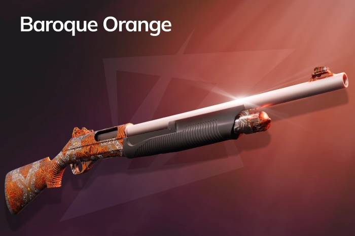 Nova | Baroque Orange CS2 skin with a luxurious baroque ornament design in rich orange-gold shades, Restricted rarity, priced $90.92–$288.27, from The Canals Collection, released November 18, 2019, non-case drop skin with limited supply, making it a high-value and investment-worthy CS2 Nova skin known for its elegant, museum-like appearance.
