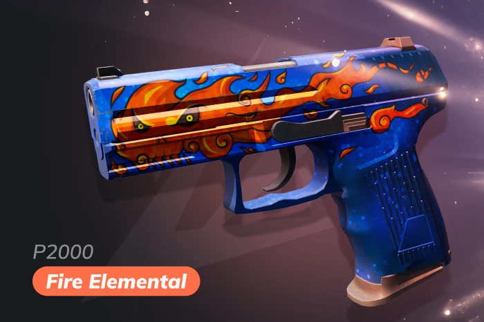 P2000 Fire Elemental skin in CS2 with vibrant flame artwork, covert rarity pistol with iconic design and long CS:GO legacy