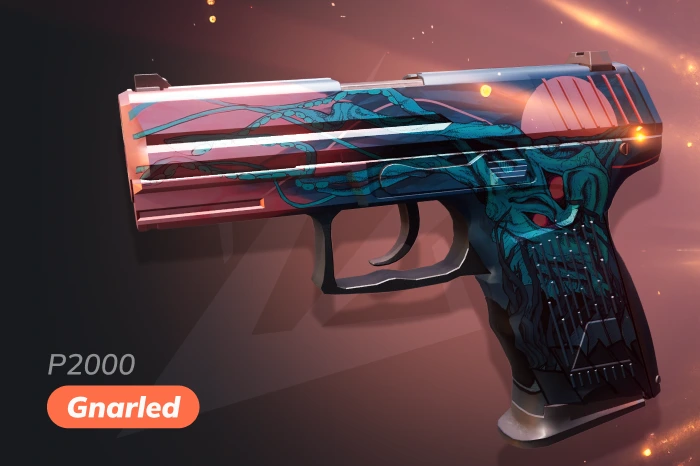P2000 Gnarled skin in CS2 with beast-themed artwork, aggressive design style, and budget-friendly price under one dollar, featured in usp vs p2000 comparison