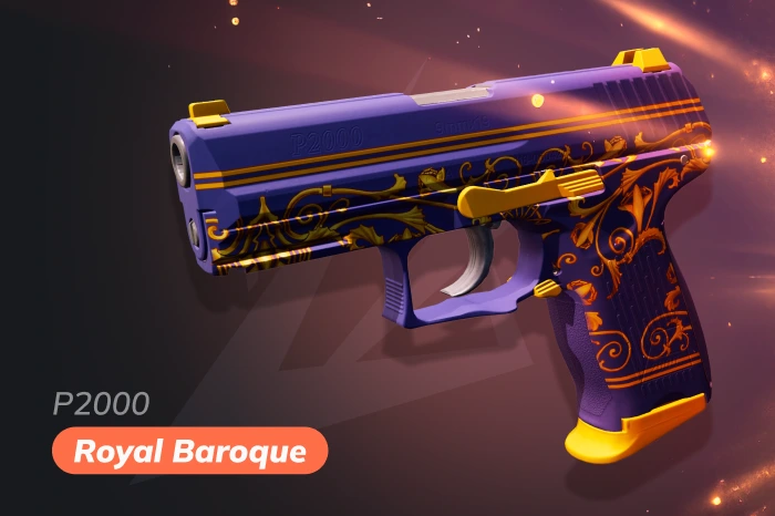 P2000 Royal Baroque skin in CS2 with elegant blue and gold design featuring ornate detailing and a refined classic style