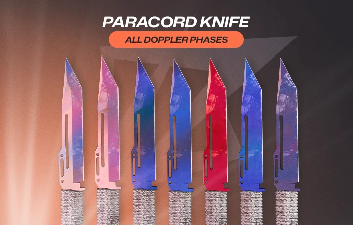 Paracord Knife collection displaying all Doppler phases CS2, including Phase 1, Phase 2, Phase 3, Phase 4, Ruby, Sapphire, and Black Pearl variants, with curved blades featuring pink, blue, red, and dark finishes arranged diagonally.
