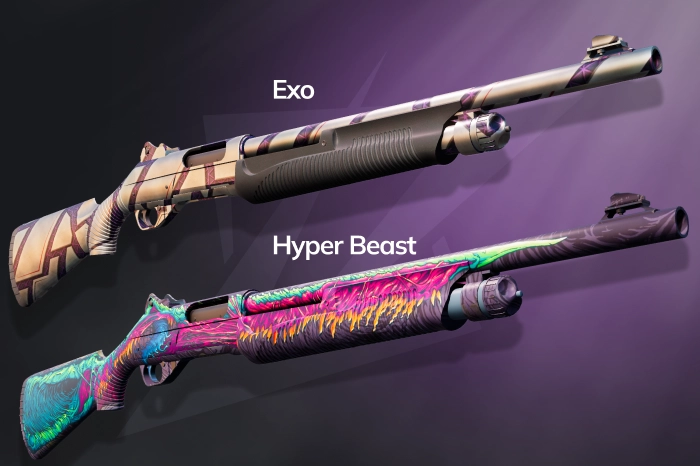 Purple Nova Skins CS2 featuring limited options in this category, including Nova | Hyper Beast (Classified, $13.54–$68.78, The Wildfire Collection, released February 17, 2016) with a psychedelic design incorporating purple and violet shades, and Nova | Exo (Mil-Spec Grade, $0.33–$0.83, The Gamma Collection, released June 15, 2016) showcasing a sci-fi exoskeleton design in dark purple and grey tones with an anodized multicolored finish and optional StatTrak, offering choices for vibrant or budget-friendly purple-themed loadouts.