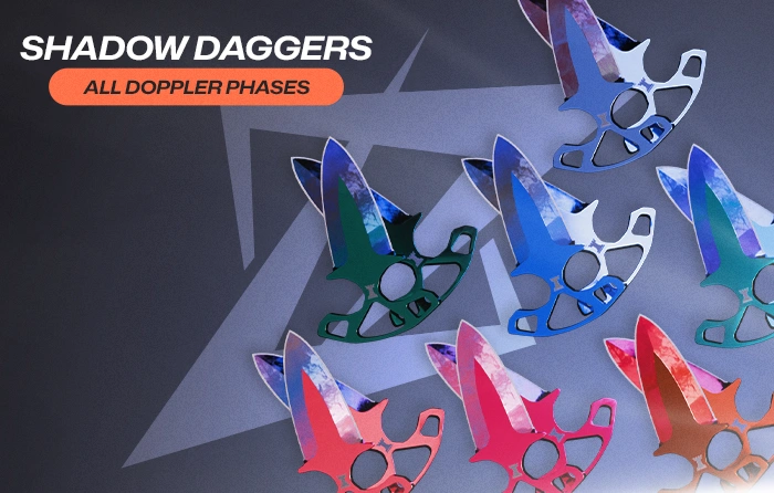 Shadow Daggers collection displaying all Doppler phases CS2, including Phase 1, Phase 2, Phase 3, Phase 4, Ruby, Sapphire, and Black Pearl variants, with dual blades featuring blue, green, pink, red, and dark finishes arranged in a spread layout.