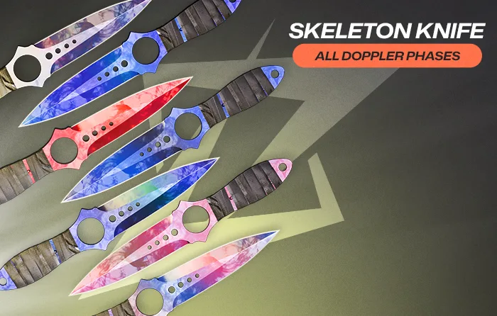 Skeleton Knife collection displaying all Doppler phases CS2, including Phase 1, Phase 2, Phase 3, Phase 4, Ruby, Sapphire, and Black Pearl variants, with curved blades featuring pink, blue, red, and dark finishes arranged diagonally.