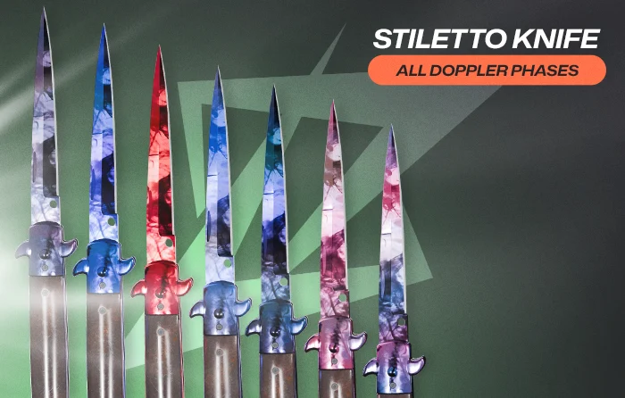 Stiletto Knife collection displaying all Doppler phases CS2, including Phase 1, Phase 2, Phase 3, Phase 4, Ruby, Sapphire, and Black Pearl variants, with curved blades featuring pink, blue, red, and dark finishes arranged diagonally.