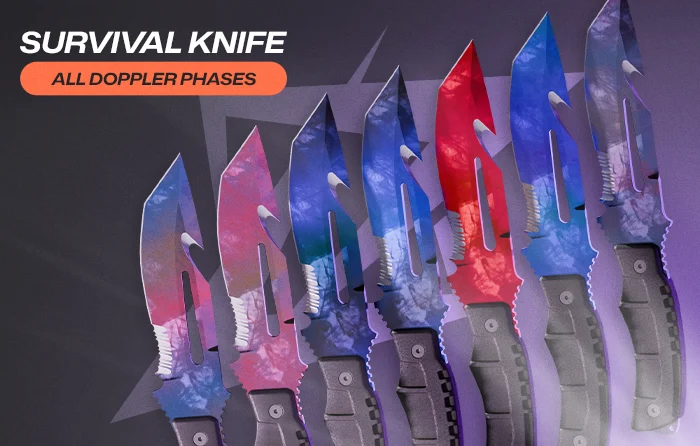Survival Knife collection displaying all Doppler phases CS2, including Phase 1, Phase 2, Phase 3, Phase 4, Ruby, Sapphire, and Black Pearl variants, with curved blades featuring pink, blue, red, and dark finishes arranged diagonally.
