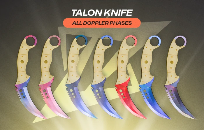 Talon knife collection displaying all Doppler phases CS2, including Phase 1, Phase 2, Phase 3, Phase 4, Ruby, Sapphire, and Black Pearl variants, with curved blades featuring blue, pink, red, and dark finishes arranged in a row.