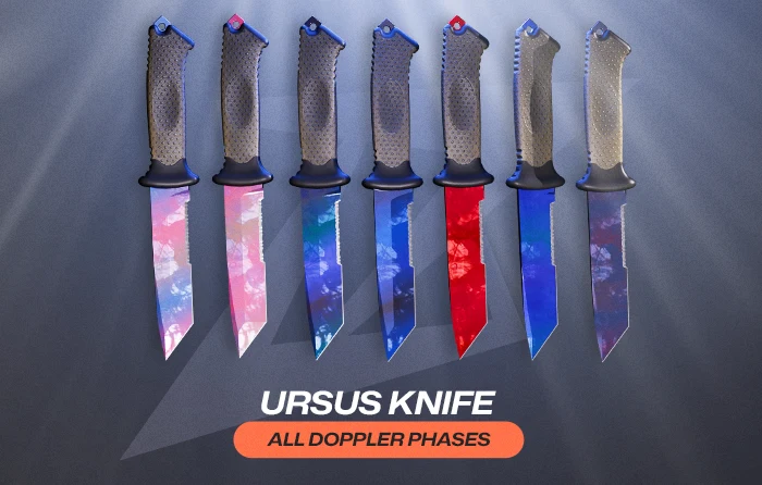 Ursus Knife collection displaying all Doppler phases CS2, including Phase 1, Phase 2, Phase 3, Phase 4, Ruby, Sapphire, and Black Pearl variants, with curved blades featuring pink, blue, red, and dark finishes arranged diagonally.