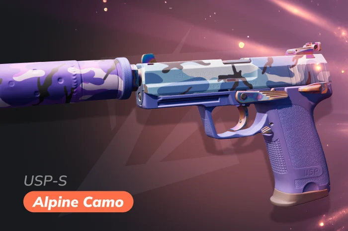 USP-S Alpine Camo skin in CS2 with classic camouflage pattern, clean military-style design suited for tactical gameplay