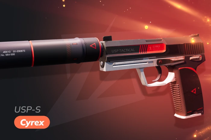 USP-S Cyrex skin in CS2 with minimalist red and black design, clean futuristic style suited for calm and controlled gameplay