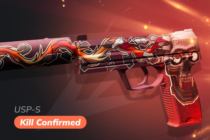 USP-S Kill Confirmed skin in CS2 with aggressive comic-style design and skull-themed artwork, bold and highly recognizable pistol skin