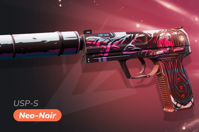 USP-S Neo-Noir skin in CS2 with dark cyberpunk aesthetic, stylized character artwork and bold contrasting colors from a popular skin series