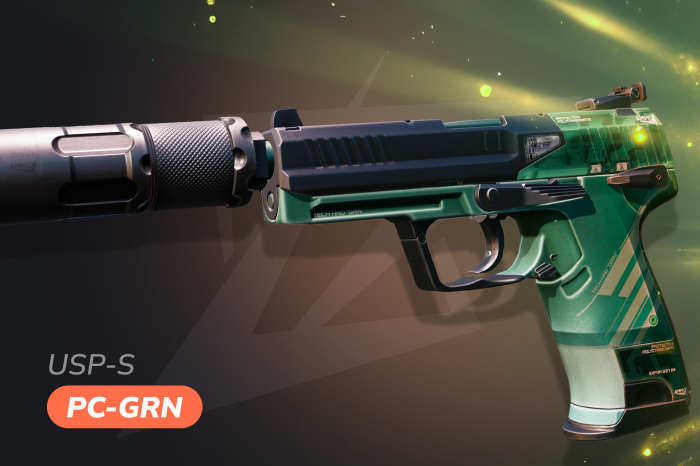 USP-S PC-GRN skin in CS2 with clean tactical-tech design, modern green accents, and minimalist aesthetic for a sharp in-game look