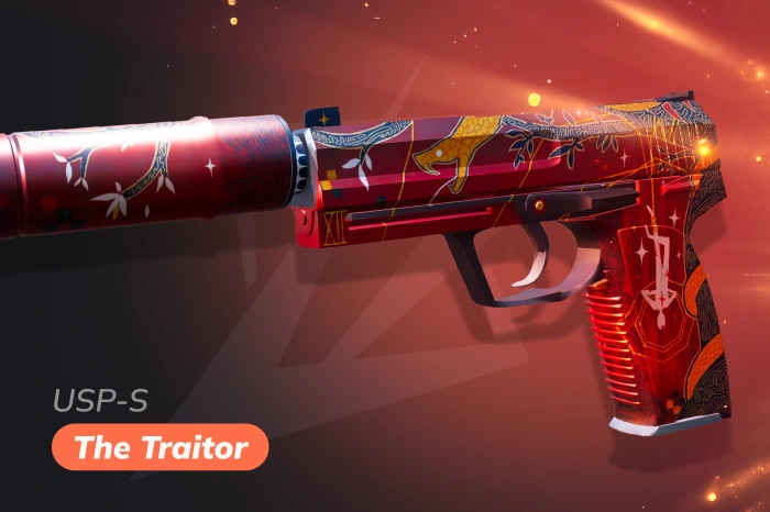 USP-S The Traitor skin in CS2 with detailed tarot-card-inspired artwork, bold design popular among professional players