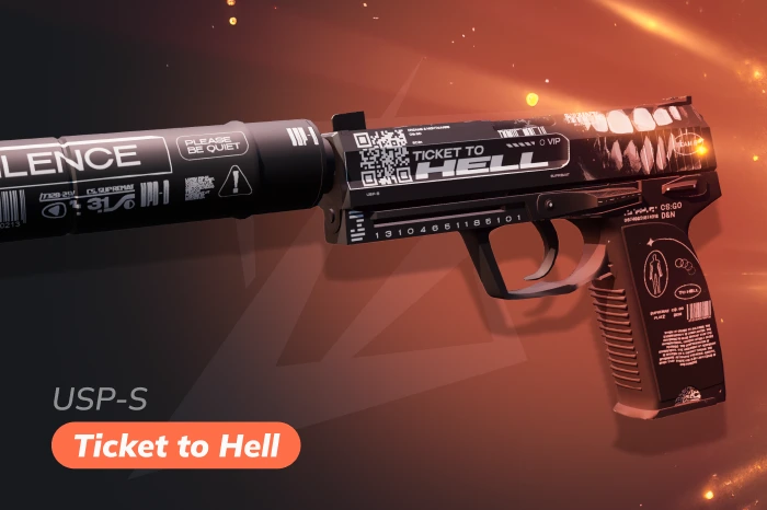 USP-S Ticket to Hell skin in CS2 with black base and white inscriptions, affordable and popular option priced around $1, featured in cs2 usps vs p2000 comparison
