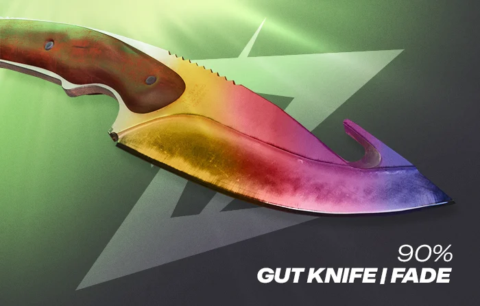 CS2 Gut Knife Fade 90% pattern featuring a vibrant blade with strong pink and purple Fade coverage and reduced gold coloring. This high-tier Fade percentage is considered more desirable due to its brighter color transitions and cleaner appearance, making it more valuable among CS2 skin collectors and traders.