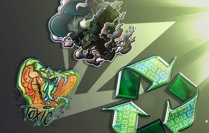 Collection of the best green foil stickers in CS2 featuring Toxic (Foil), Clavis (Foil), and On An Eco (Foil). Toxic (Foil) displays a dangerous green cobra with glowing purple toxic fangs from the Feral Predators capsule, pairing well with skins like the AWP | Atheris and AWP | Containment Breach. Clavis (Foil) features a creepy green skull with smoke and a matching cap from the Sugarface 2 Stickers capsule, making it one of the most versatile green foil stickers in CS2. On An Eco (Foil) from the Ambush capsule showcases a humorous eco-themed green design inspired by recycling and eco rounds, matching perfectly with the Galil AR | Eco. These foil CS2 stickers combine vibrant green color schemes, detailed artwork, and shiny foil finishes for standout weapon crafts.
