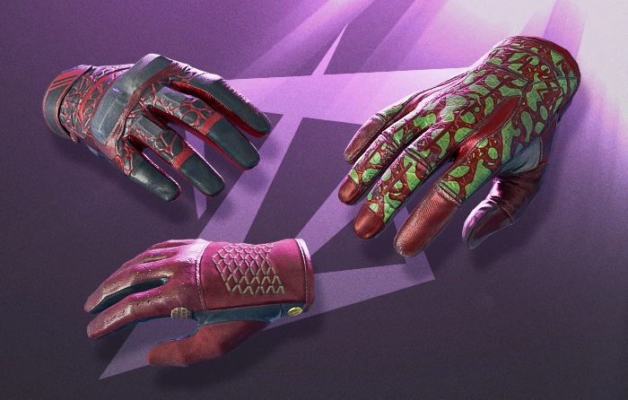 Cheap red gloves (CS:GO) CS2 including Driver Gloves | Rezan the Red with dark maroon leather and diamond texture, Moto Gloves | Blood Pressure with bold anatomical red design, and Sport Gloves | Bronze Morph with red and light green contrast, budget-friendly red glove options that pair with Slaughter knives and high-contrast loadouts