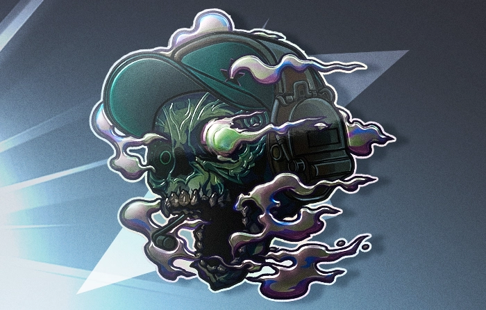 Clavis (Foil) CS2 sticker released on October 1, 2025. Exotic rarity foil sticker from the Sugarface 2 Stickers capsule with a starting price of $2.79. The design features a creepy green skull with eerie smoke pouring out of it while wearing a matching green cap, making it a distinctive green CS2 sticker.