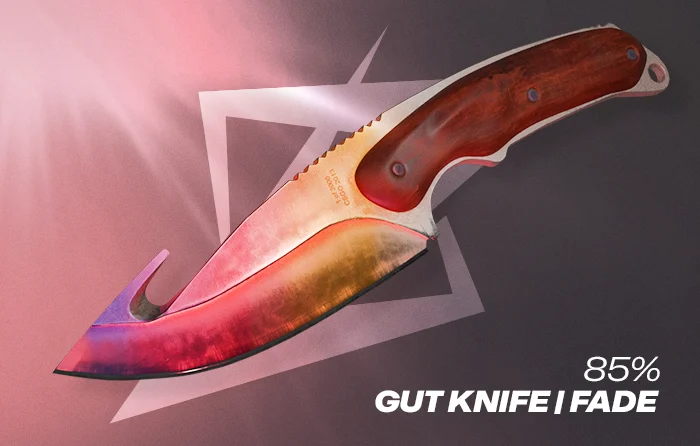 CS2 Gut Knife Fade 85% pattern showcasing a blade with dominant gold coloring blended with noticeable pink and light purple Fade transitions. This mid-tier Fade percentage offers a balanced color distribution with more vibrant tones than lower Fade patterns, while still retaining visible golden sections across the knife.