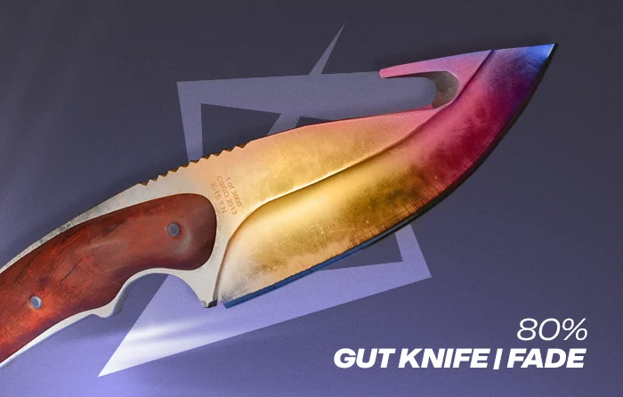 CS2 Gut Knife Fade 80% pattern featuring a mostly gold blade finish with smaller pink and purple Fade sections near the tip and edge.