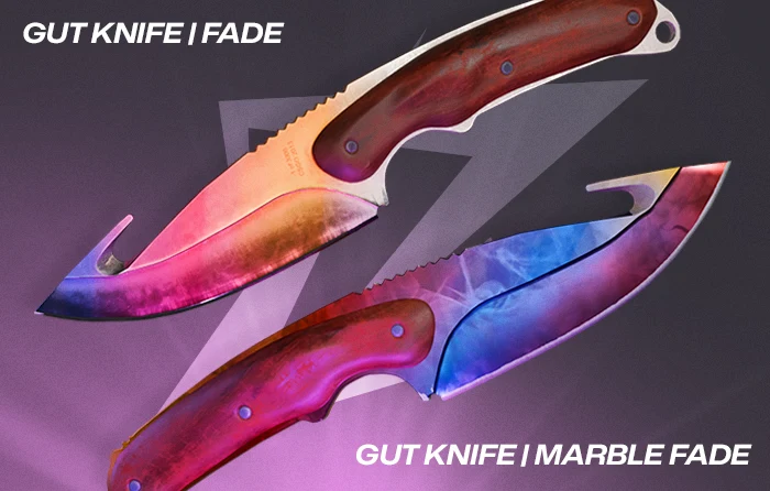 Comparison between the CS2 Gut Knife Fade and Gut Knife Marble Fade skins, highlighting the smooth gradient color transition of the Fade version versus the more complex marble-like color patterns of the Marble Fade. The image showcases how Gut Knife Fade skins use Fade percentages and pattern indexes to determine pink, purple, and gold coverage, while Marble Fade patterns rely only on unique pattern indexes without Fade percentage ratings.